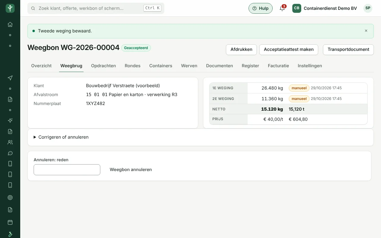 Geaccepteerde weegbon met EURAL-code